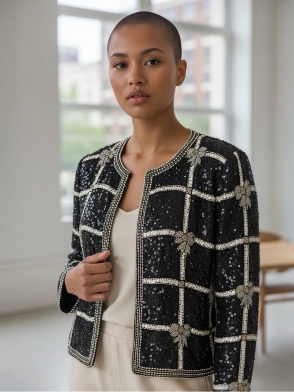 Laurence Kazar Black Sequined Grid Blazer with Beaded Floral Accents